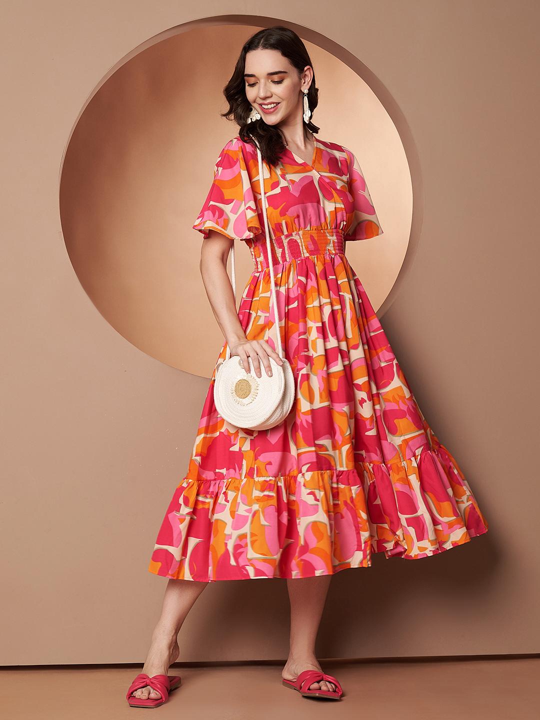 women abstract printed flared sleeve tiered dress - 22008739 - Standard Image - 3