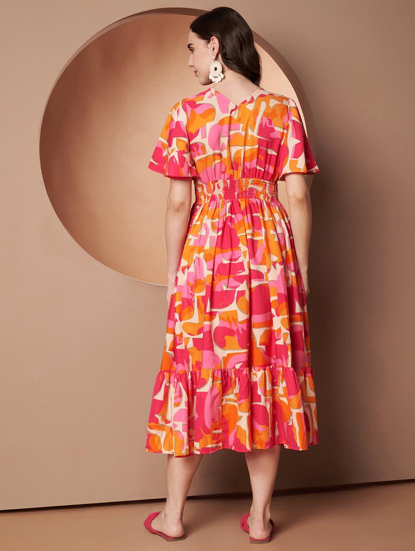 women abstract printed flared sleeve tiered dress - 22008739 - Standard Image - 5