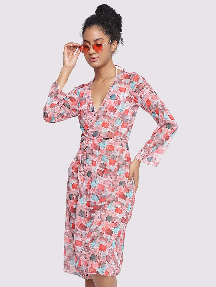 women printed long sleeve coverup shrug