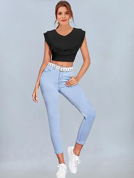 women black solid v neck crop top - 22008759 - Standard Image - 3