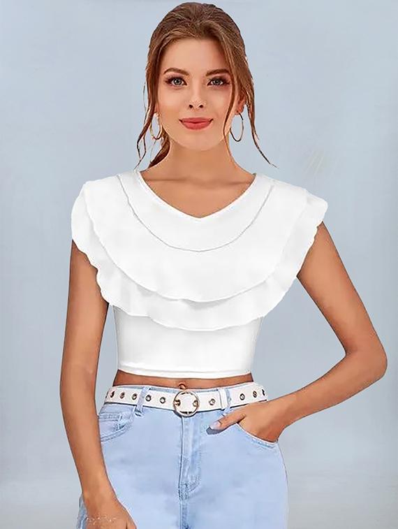 women white solid v neck crop top