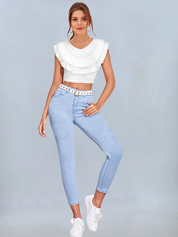 women white solid v neck crop top - 22008760 - Standard Image - 3