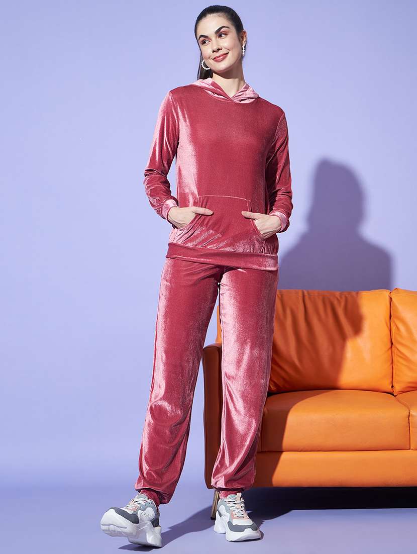 women solid hooded velvet active wear set