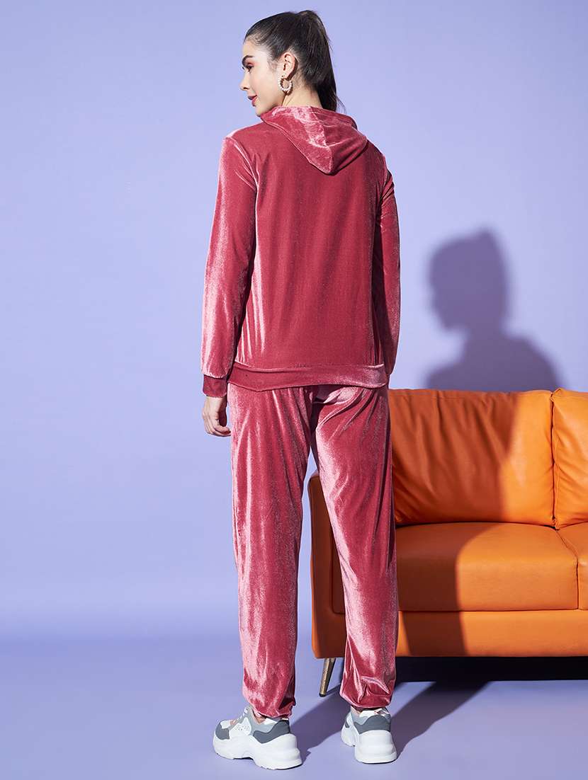 women solid hooded velvet active wear set - 22008763 -  Standard Image - 3