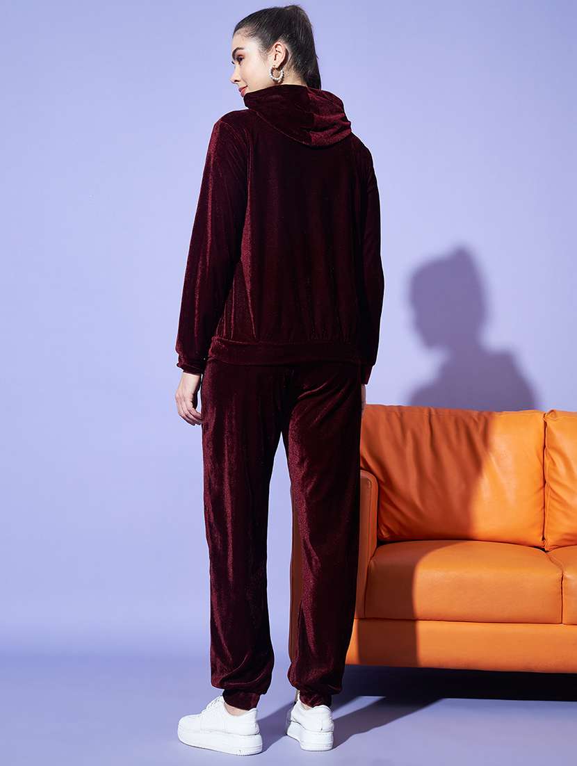 women solid hooded velvet active wear set - 22008765 - Standard Image - 3