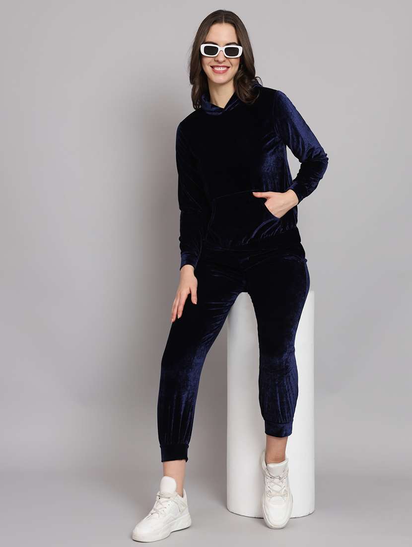 women solid hooded velvet active wear set