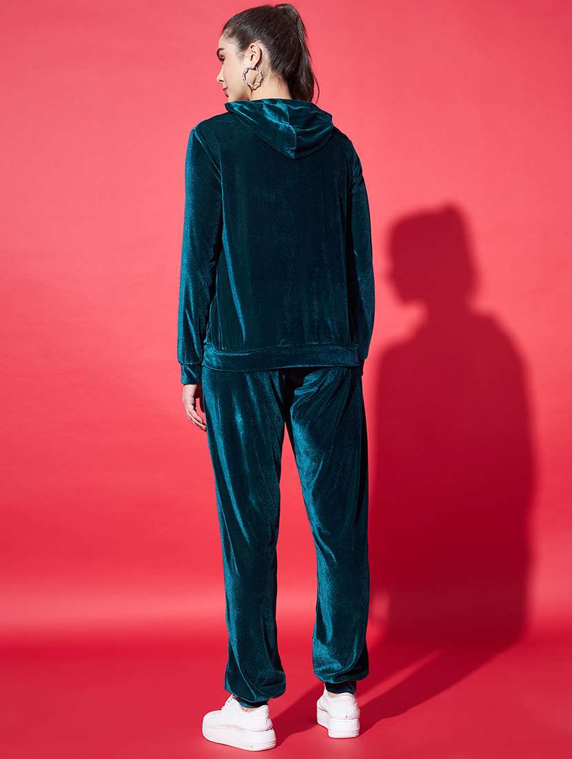 women solid hooded velvet active wear set - 22008769 - Standard Image - 3