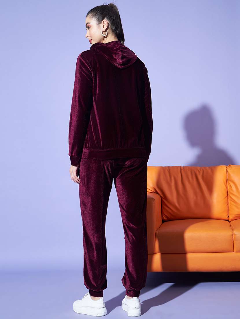 women solid hooded velvet active wear set - 22008770 - Standard Image - 3