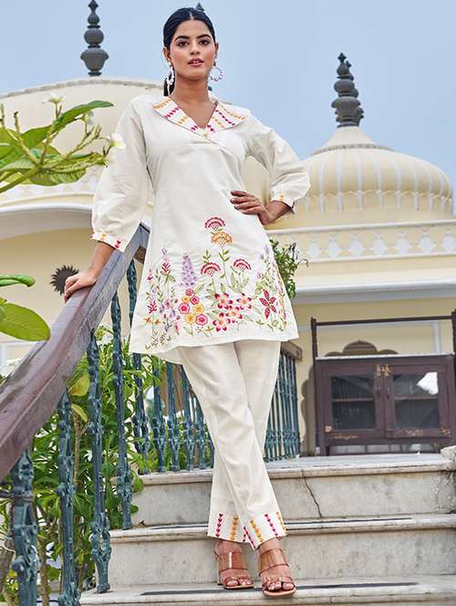 women solid with work three quarter sleeve ethnic co-ord set - 22009117 - Standard Image - 0