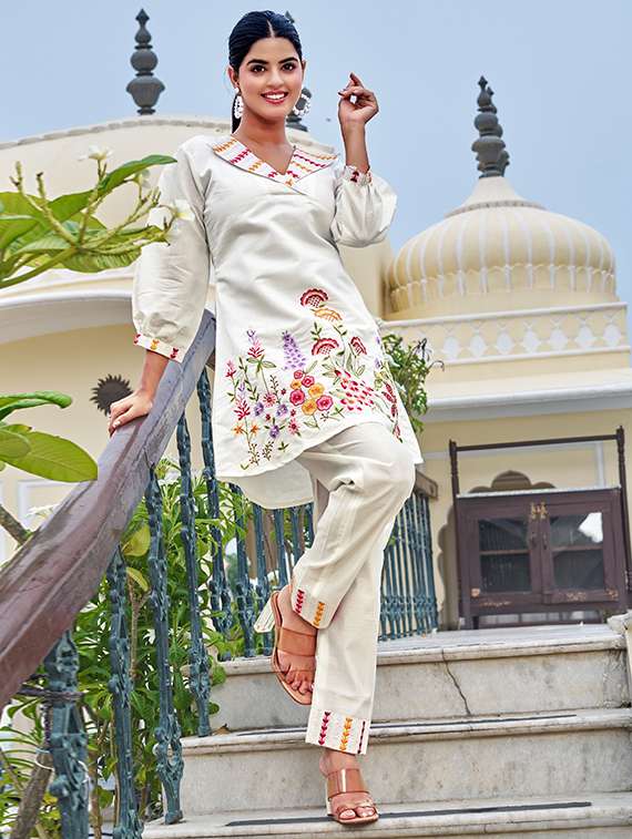 women solid with work three quarter sleeve ethnic co-ord set - 22009117 - Standard Image - 3