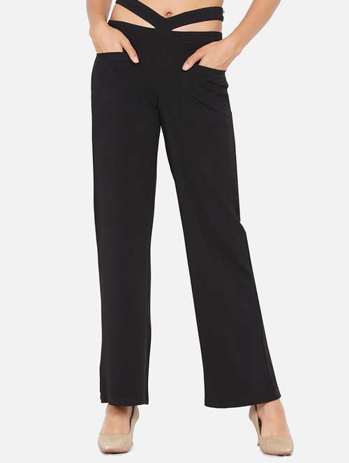 women solid mid rise cut-out detail wide leg trouser - 22009128 -  Standard Image - 0