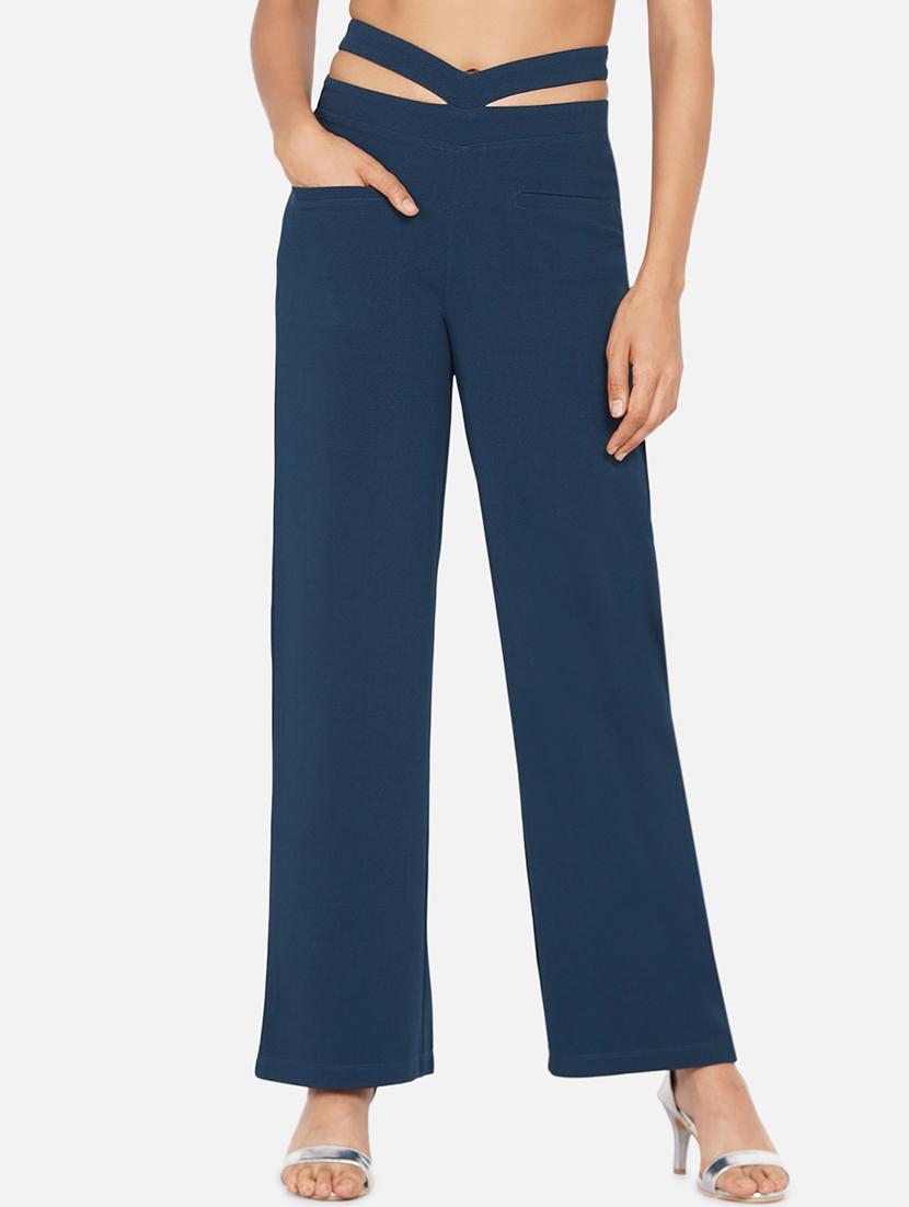 women solid mid rise cut-out detail wide leg trouser