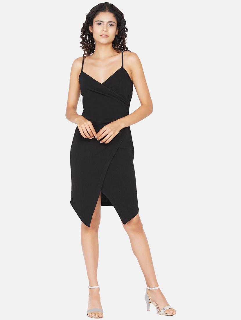 women solid shoulder strap slim fit asymmetric dress - 22009139 - Zoom Image - 0