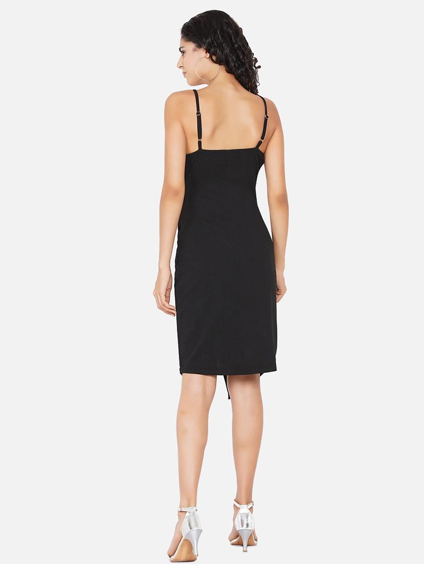 women solid shoulder strap slim fit asymmetric dress - 22009139 - Standard Image - 3