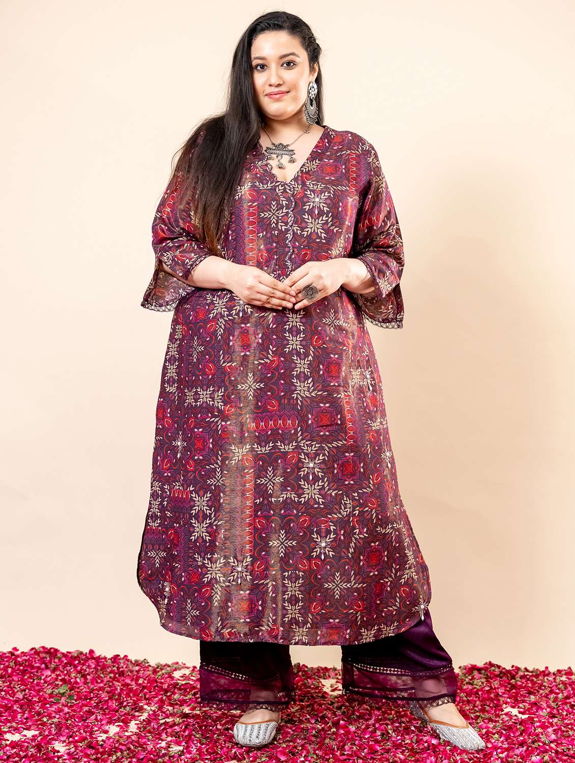 women plus size printed three quarter sleeve kurta pant set