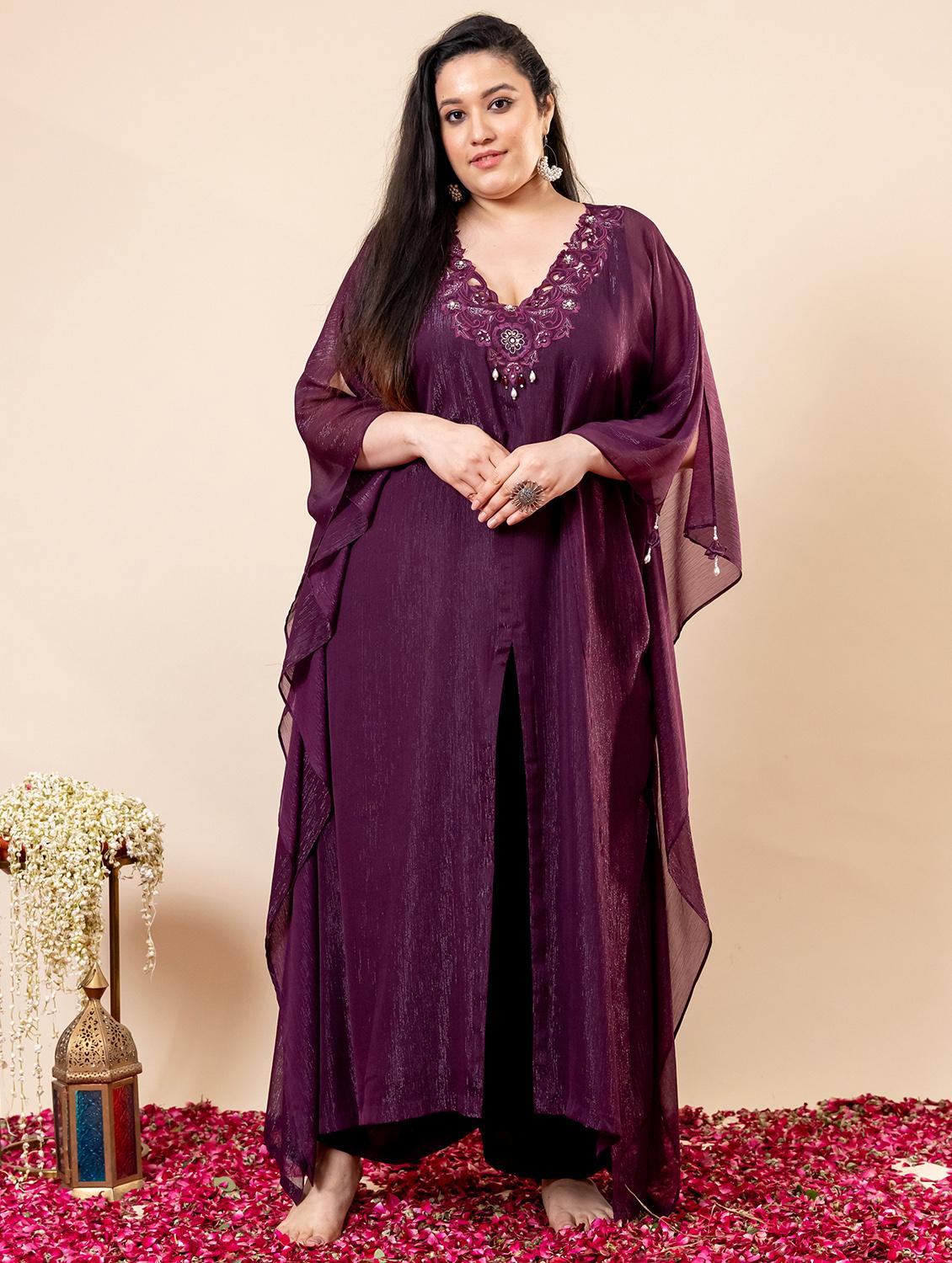 women plus size solid with work kaftan kurta with pant set - 22009143 -  Zoom Image - 0