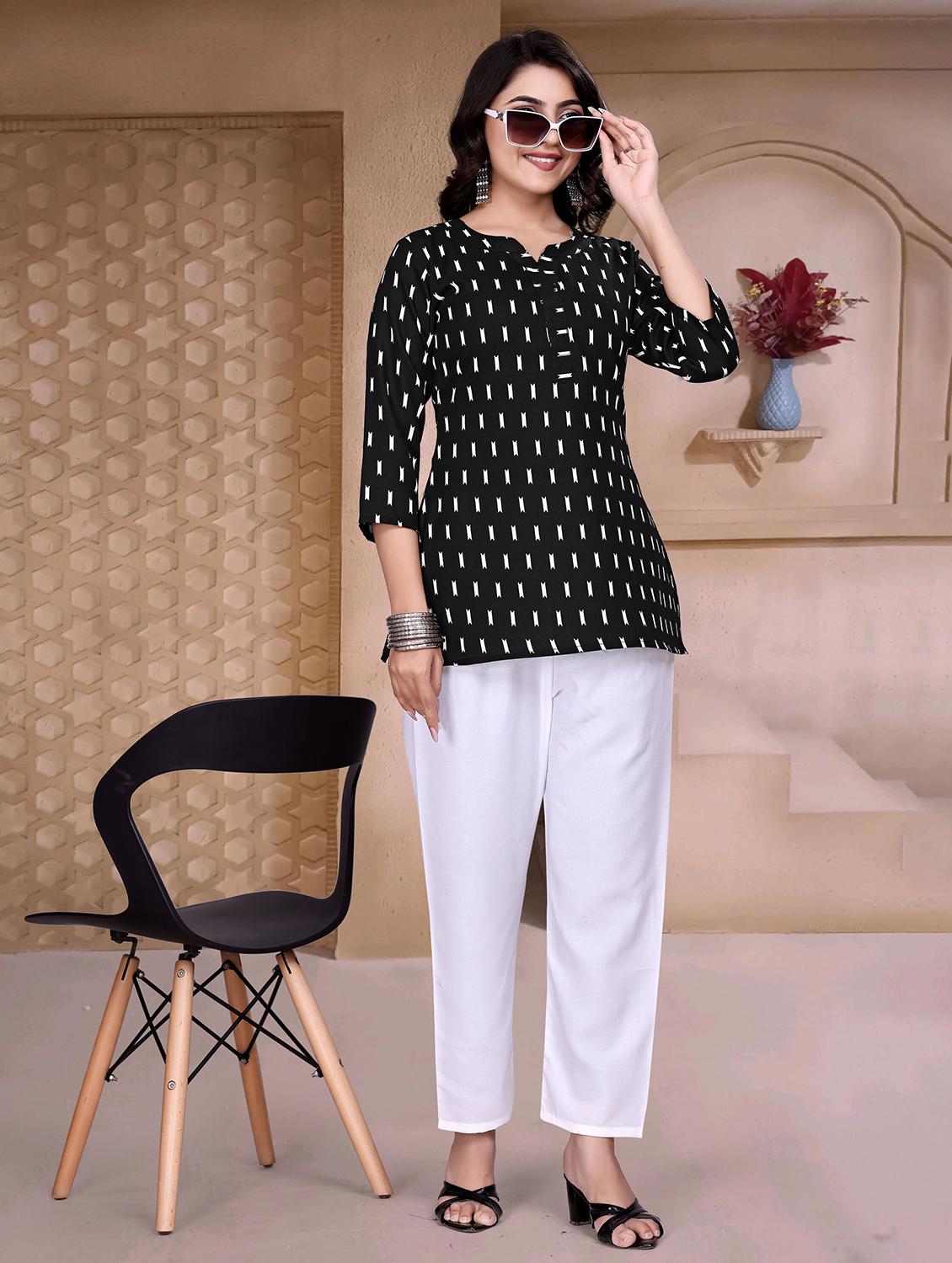 women printed three quarter sleeve straight kurti