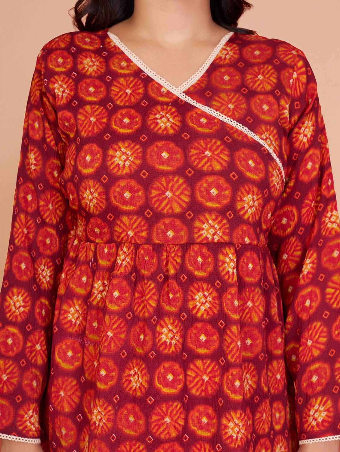women tie & dye long sleeve angrakha kurti