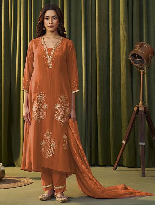 women embroidered three quarter sleeve kurta pant with dupatta set - 22009161 -  Standard Image - 0