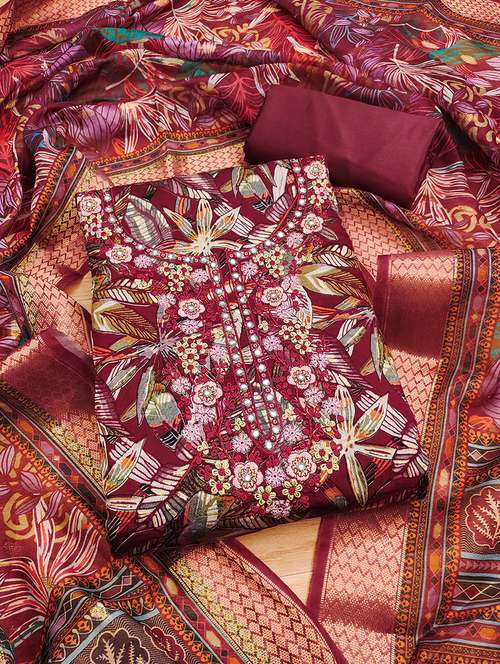 women printed embroidered unstitched suit set - 22009176 -  Standard Image - 0