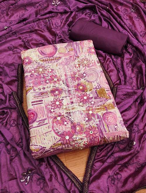 women printed embroidered unstitched suit set - 22009185 -  Standard Image - 0