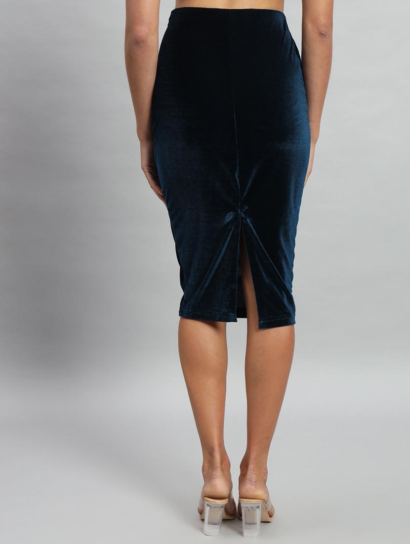 women blue solid velvet pencil skirt - 22009228 - Standard Image - 3