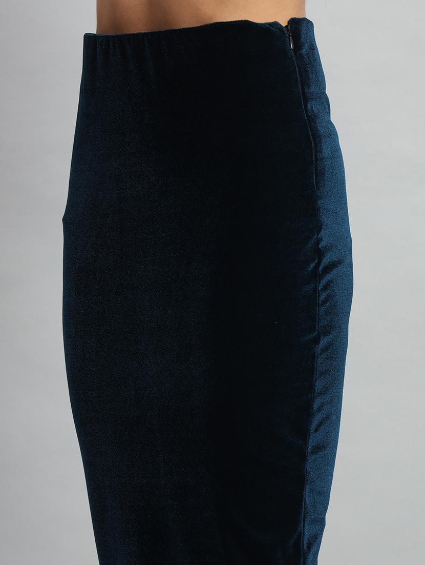women blue solid velvet pencil skirt - 22009228 - Standard Image - 5