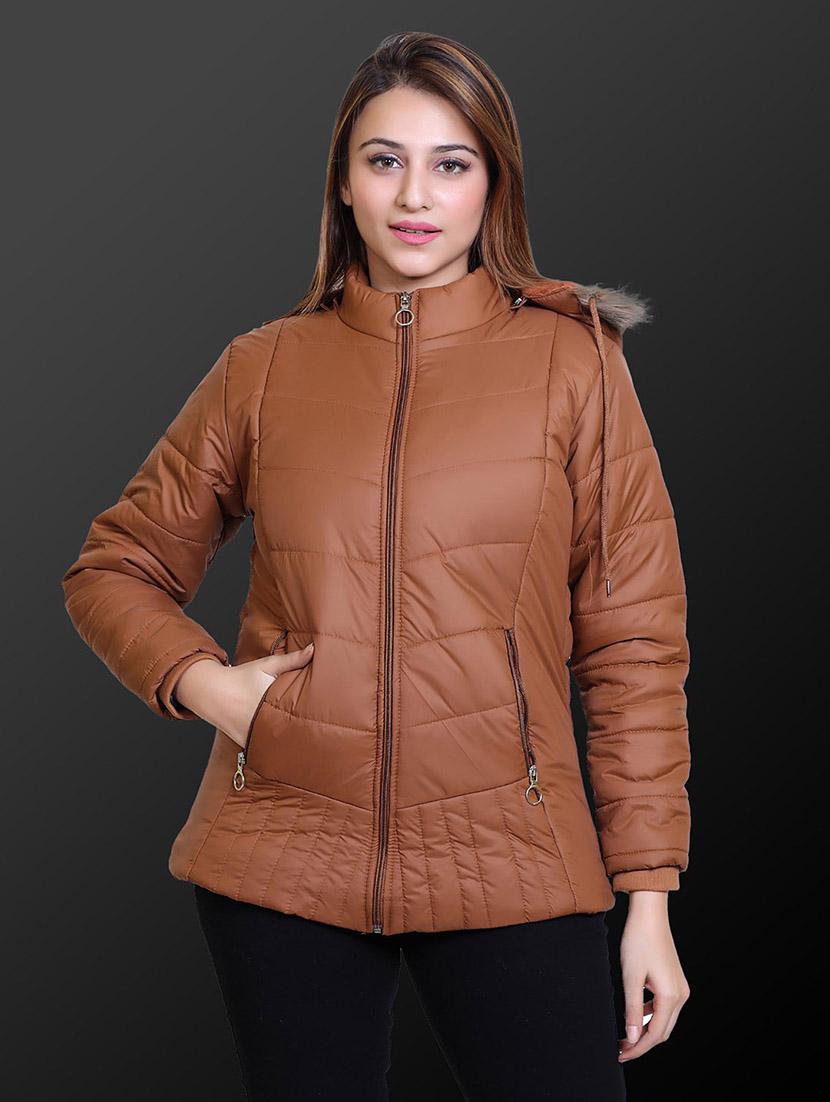 women solid long sleeve hooded quilted jacket