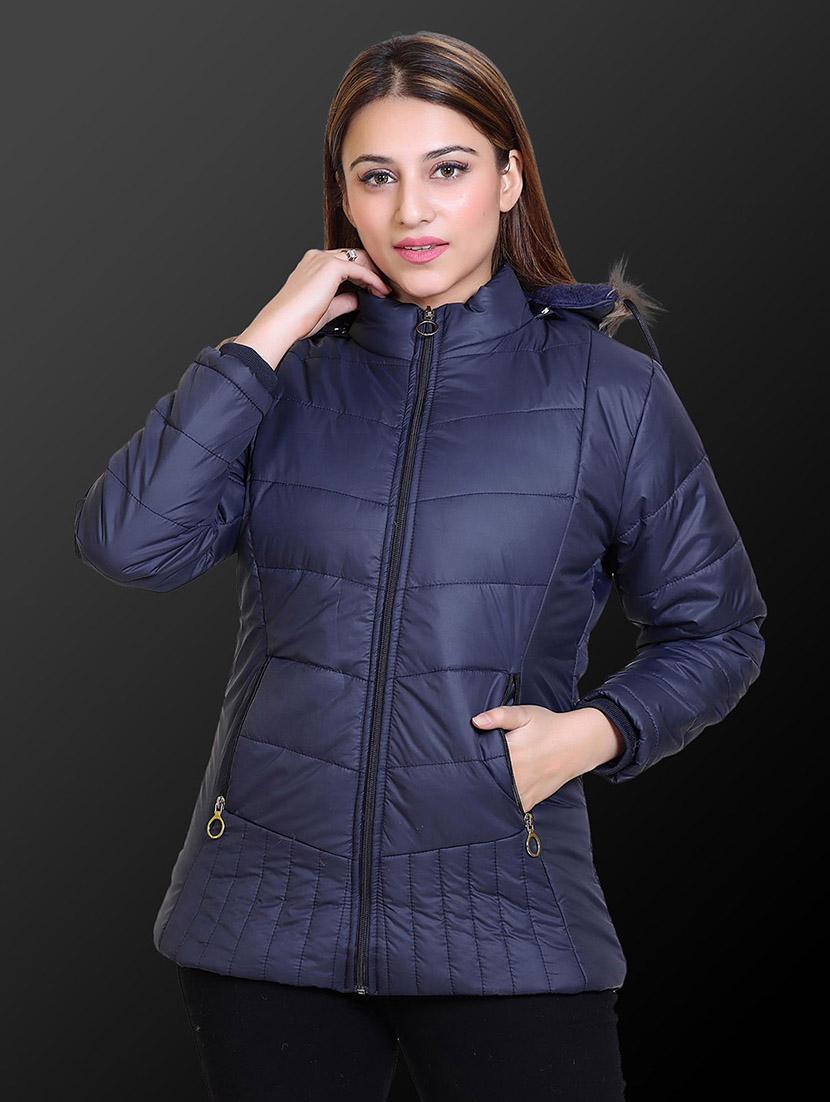 women solid long sleeve hooded quilted jacket