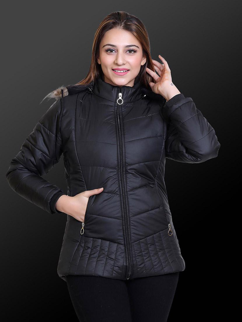women solid long sleeve hooded quilted jacket