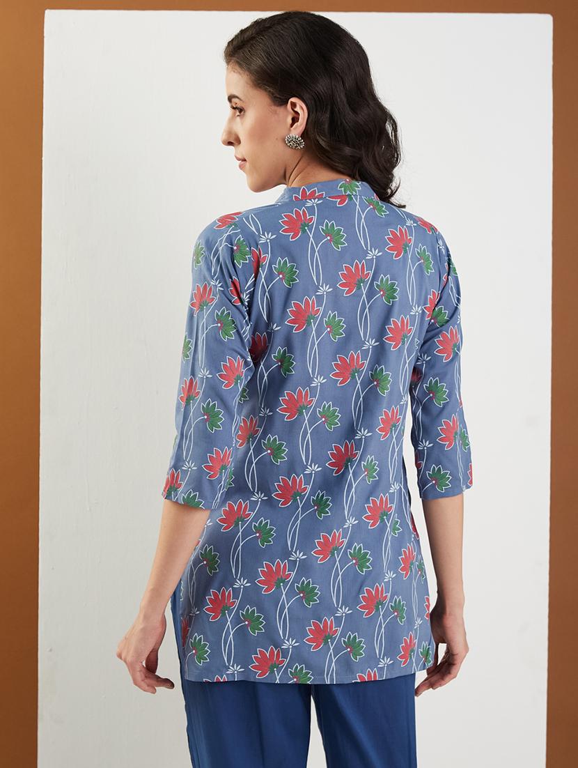 women floral printed three quarter sleeve straight kurti - 22009252 - Standard Image - 3