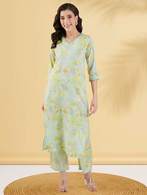 women printed three quarter sleeve kurta pant set - 22009256 -  Standard Image - 0