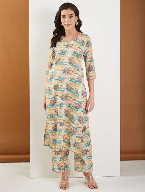 women printed three quarter sleeve kurta pant set - 22009257 -  Standard Image - 0