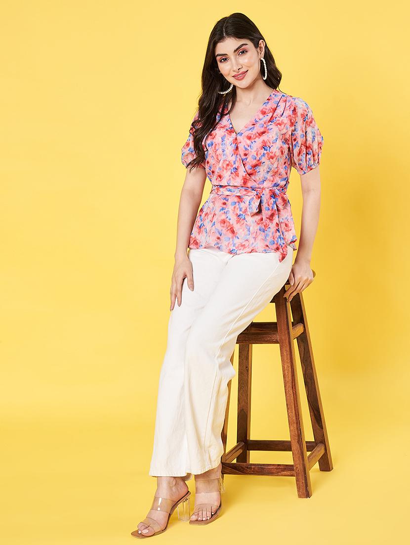 women printed puff sleeve regular fit wrap top - 22009403 - Standard Image - 5