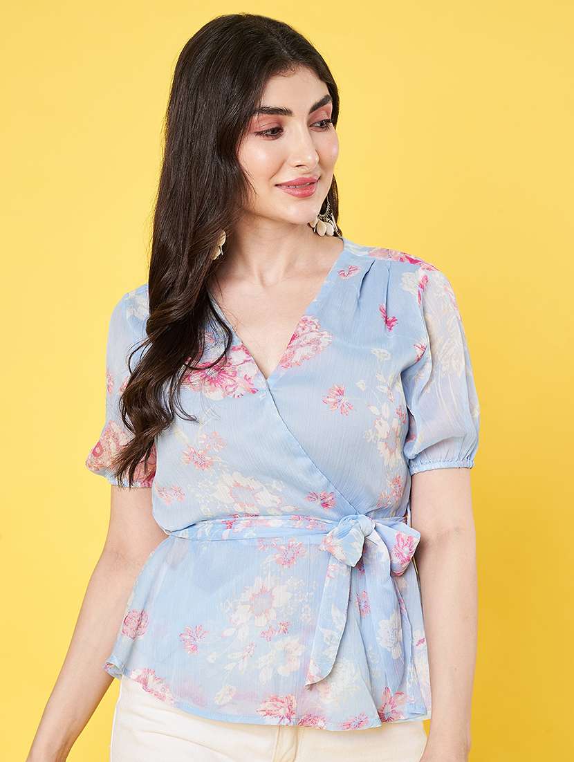 women floral printed puff sleeve regular fit wrap top - 22009404 -  Zoom Image - 0