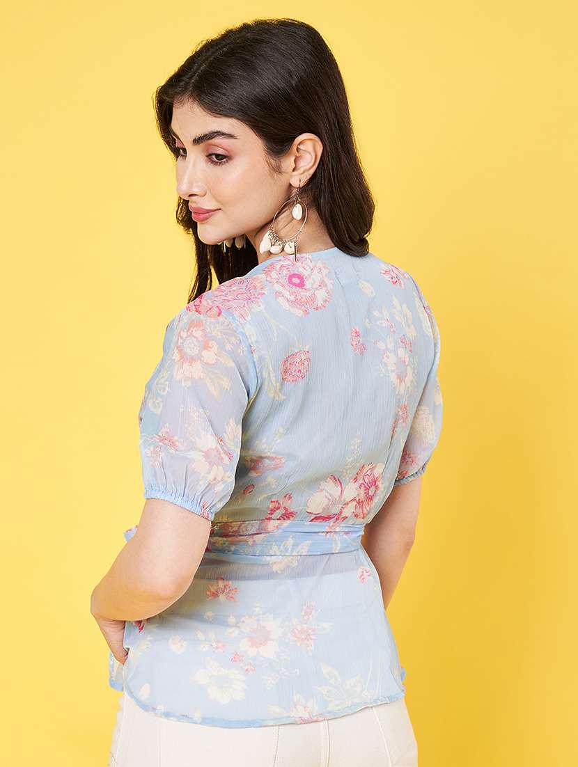 women floral printed puff sleeve regular fit wrap top - 22009404 -  Standard Image - 3