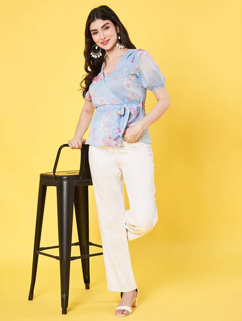 women floral printed puff sleeve regular fit wrap top - 22009404 -  Standard Image - 5