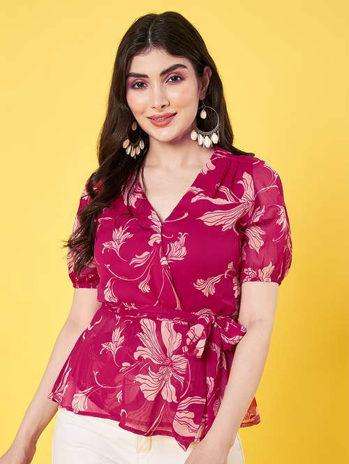 women floral printed puff sleeve regular fit wrap top - 22009405 -  Standard Image - 0