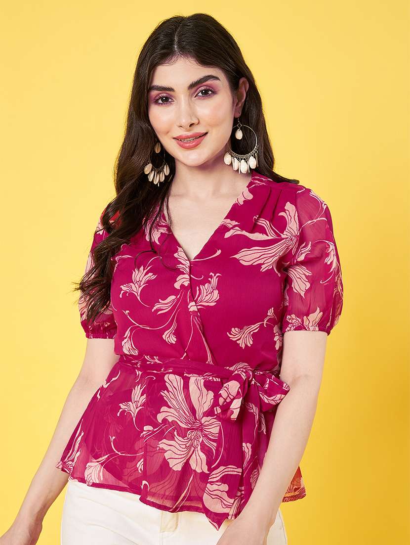 women floral printed puff sleeve regular fit wrap top - 22009405 -  Zoom Image - 0