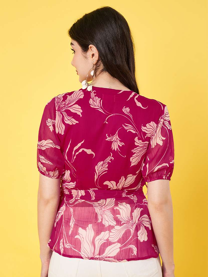women floral printed puff sleeve regular fit wrap top - 22009405 -  Standard Image - 3