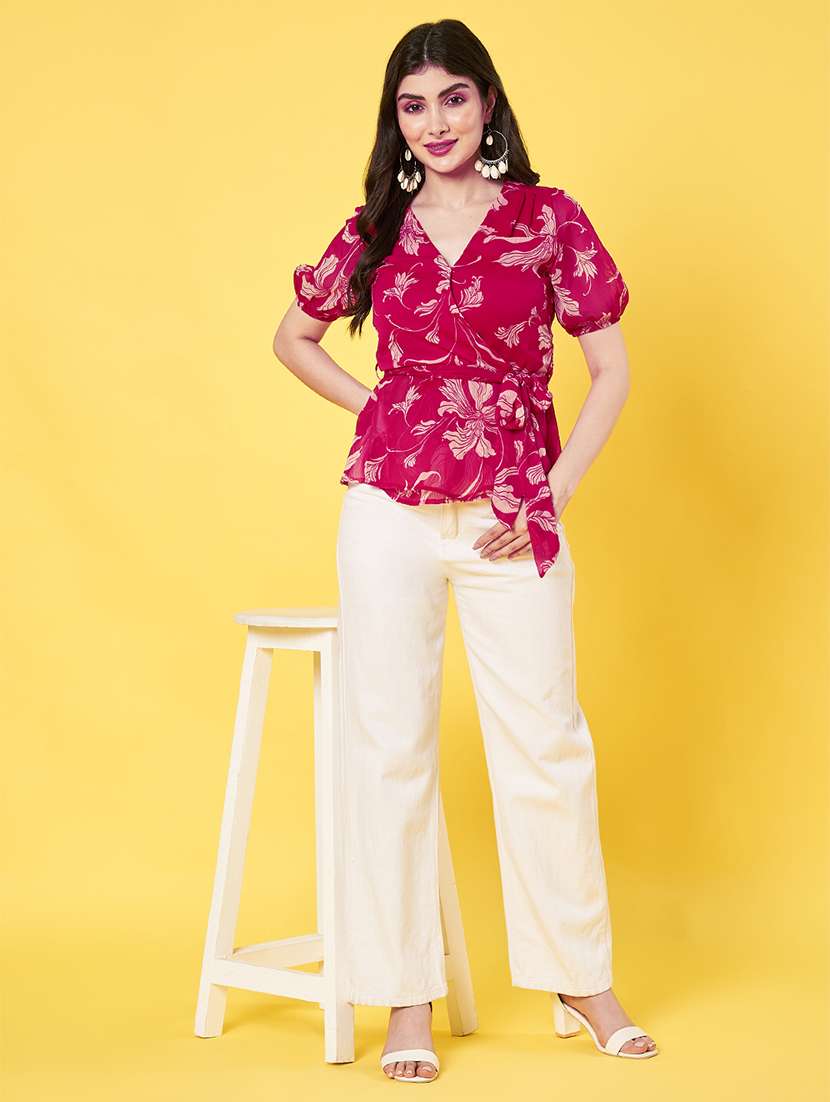 women floral printed puff sleeve regular fit wrap top - 22009405 -  Standard Image - 5