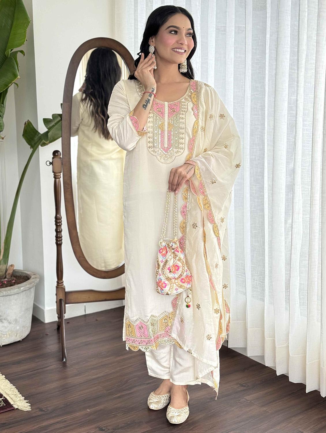 women embroidered three quarter sleeve kurta pant with dupatta set - 22009443 - Standard Image - 3