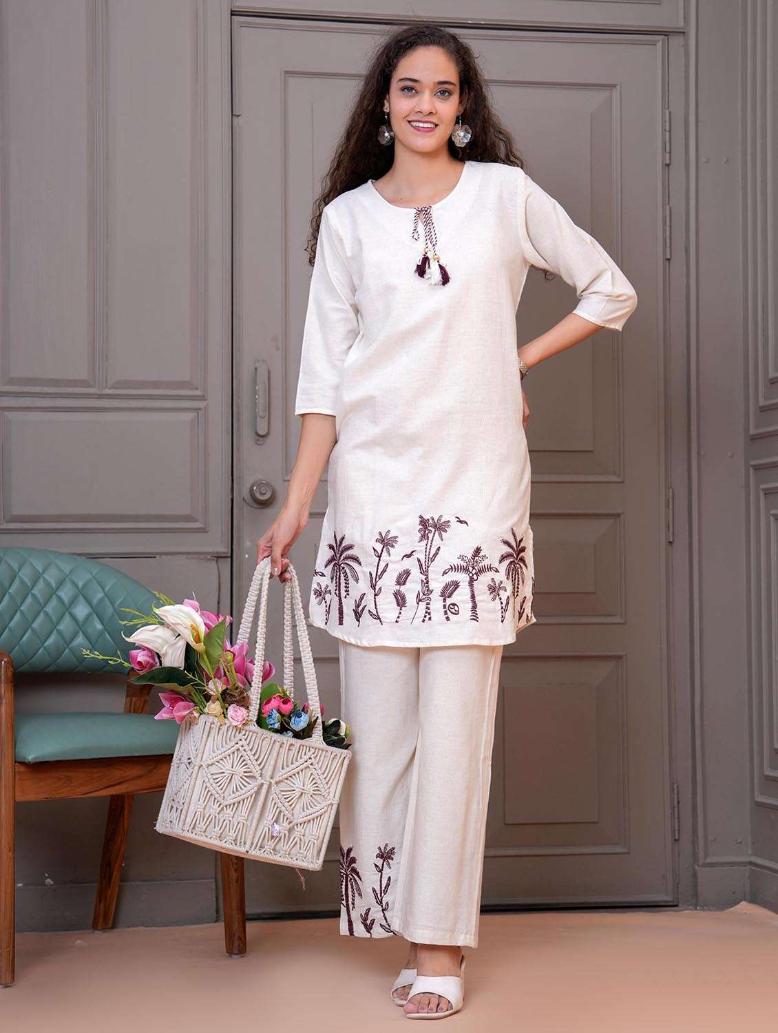 women embroidered tie up neck kurta and palazo set - 22009467 - Zoom Image - 0