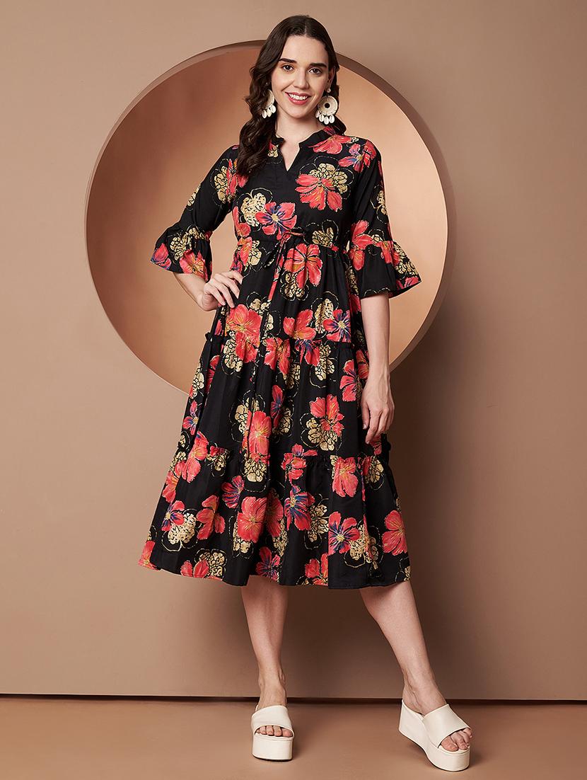 women floral print three quarter sleeve tiered dress - 22009503 -  Zoom Image - 0