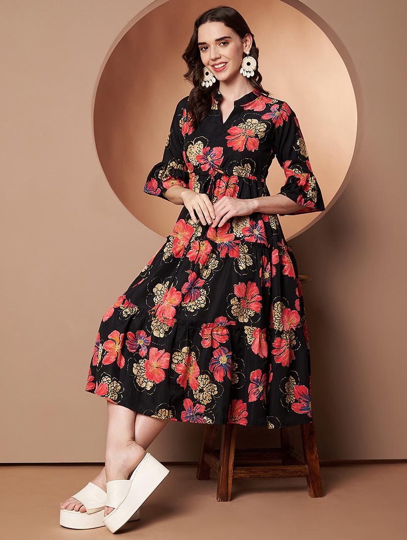 women floral print three quarter sleeve tiered dress - 22009503 - Standard Image - 3