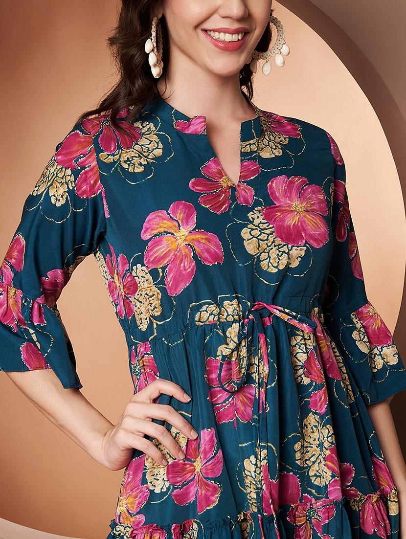 women floral print three quarter sleeve tiered dress - 22009505 - Standard Image - 5