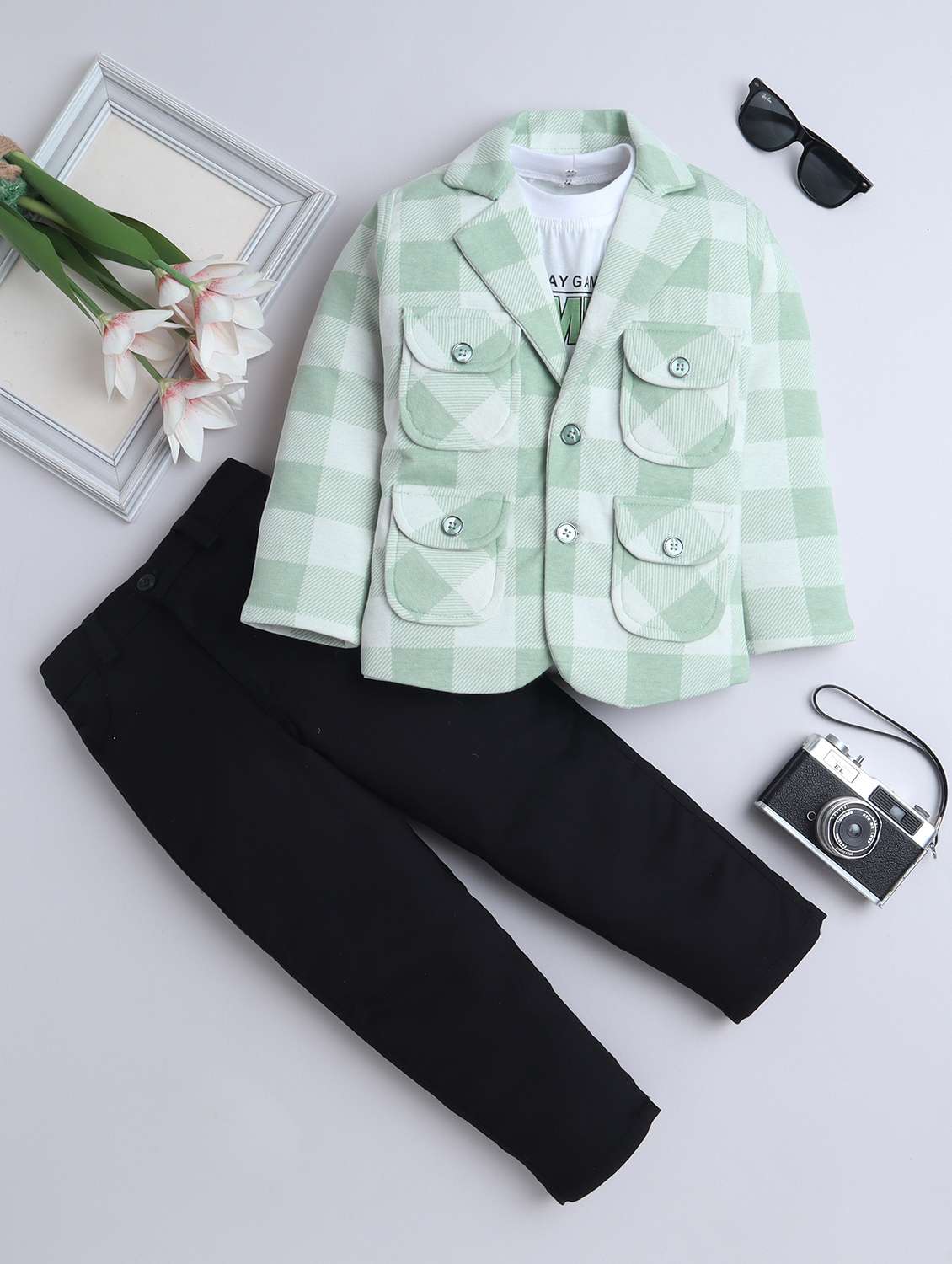 boys checkered three piece suit set