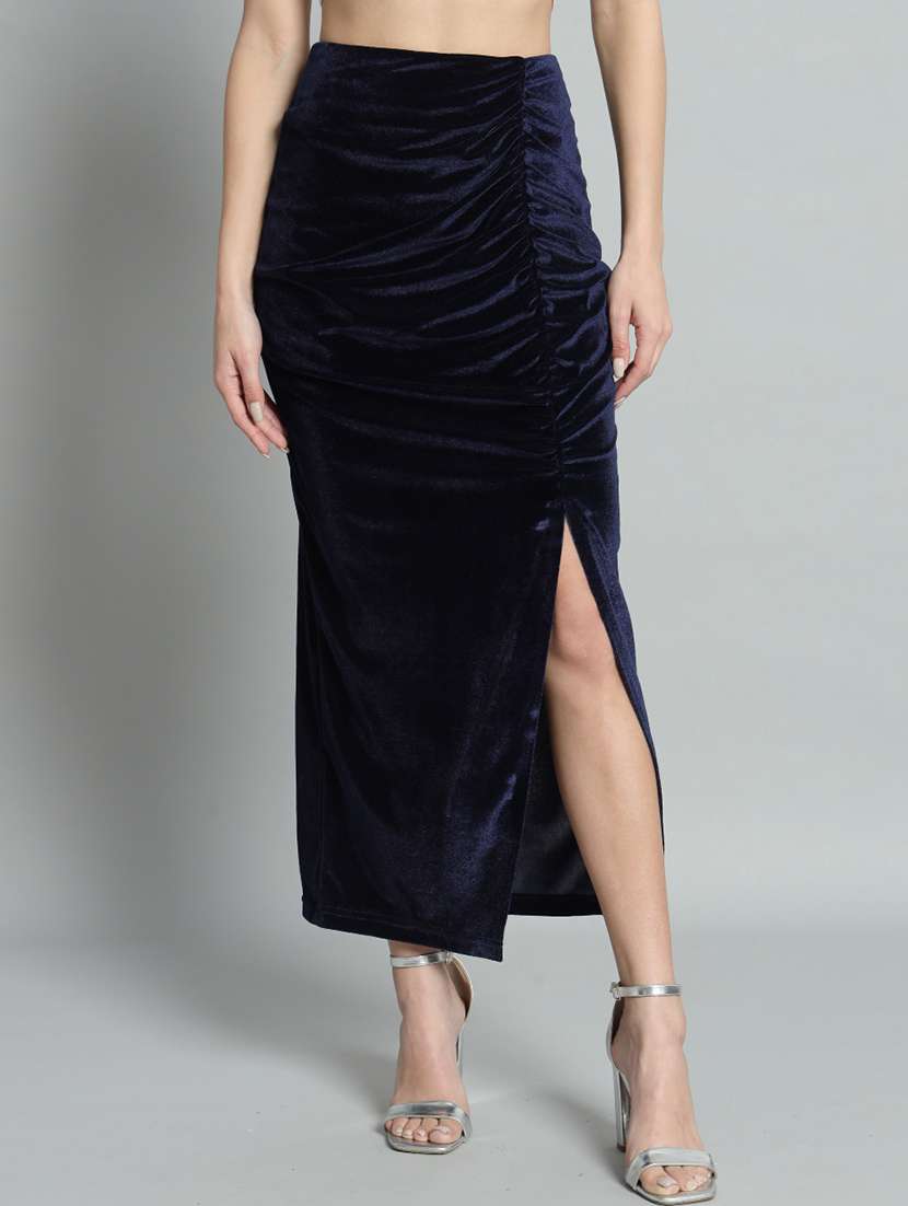 women solid high rise ruched skirt