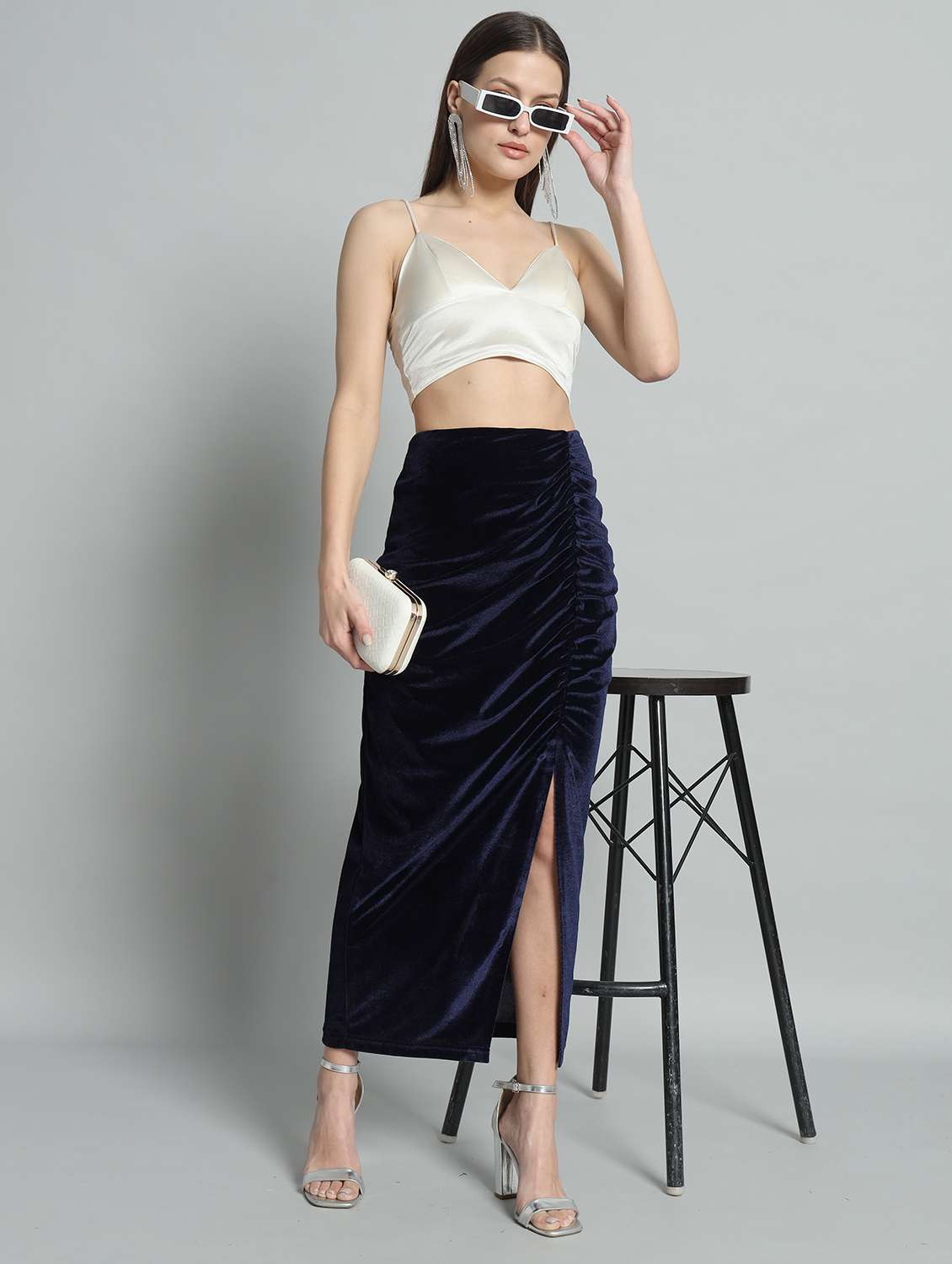 women solid high rise ruched skirt - 22009681 - Standard Image - 3