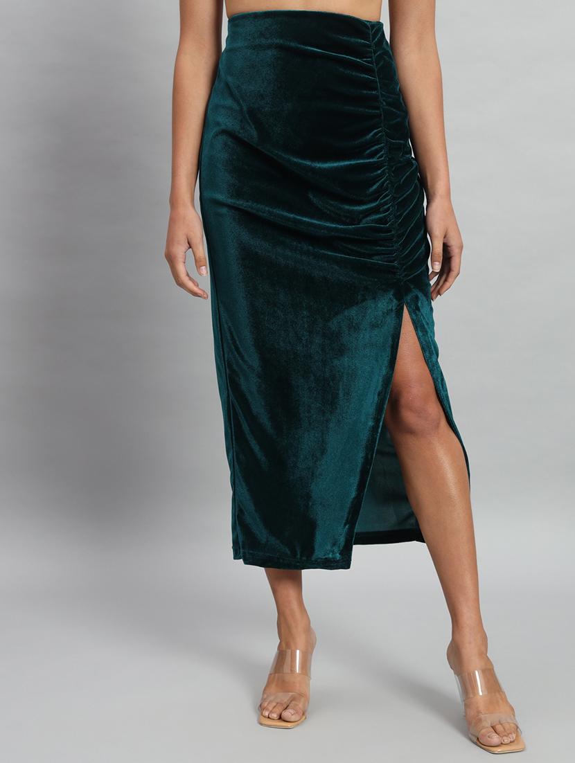 women solid high rise ruched skirt